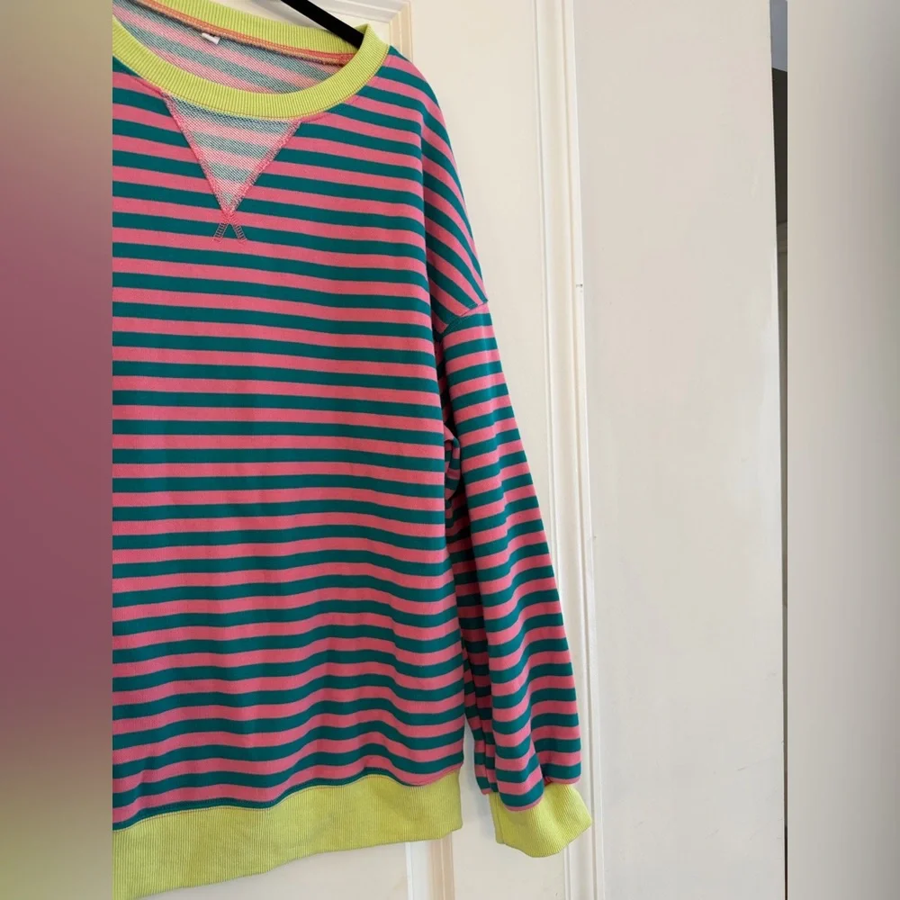 Striped Pink and Blue Sweater with Neon Green Accents - Picture 2 of 3